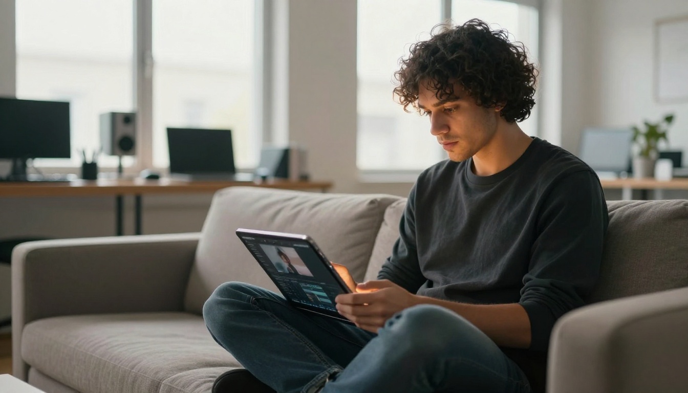 Creative director reviewing tablet in studio with natural rim lighting Creative director reviewing tablet in studio with natural rim lighting