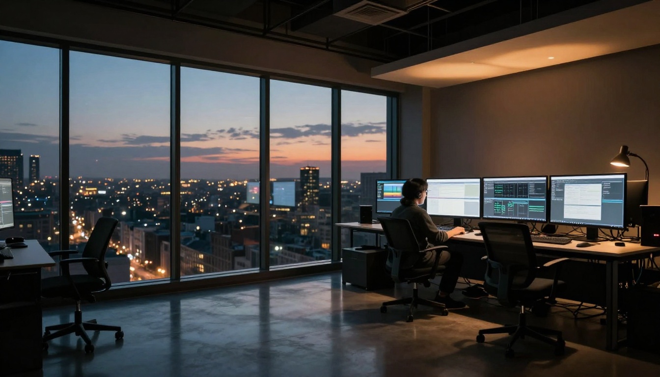 Video production facility at dusk with city lights visible through windows Video production facility at dusk with city lights visible through windows