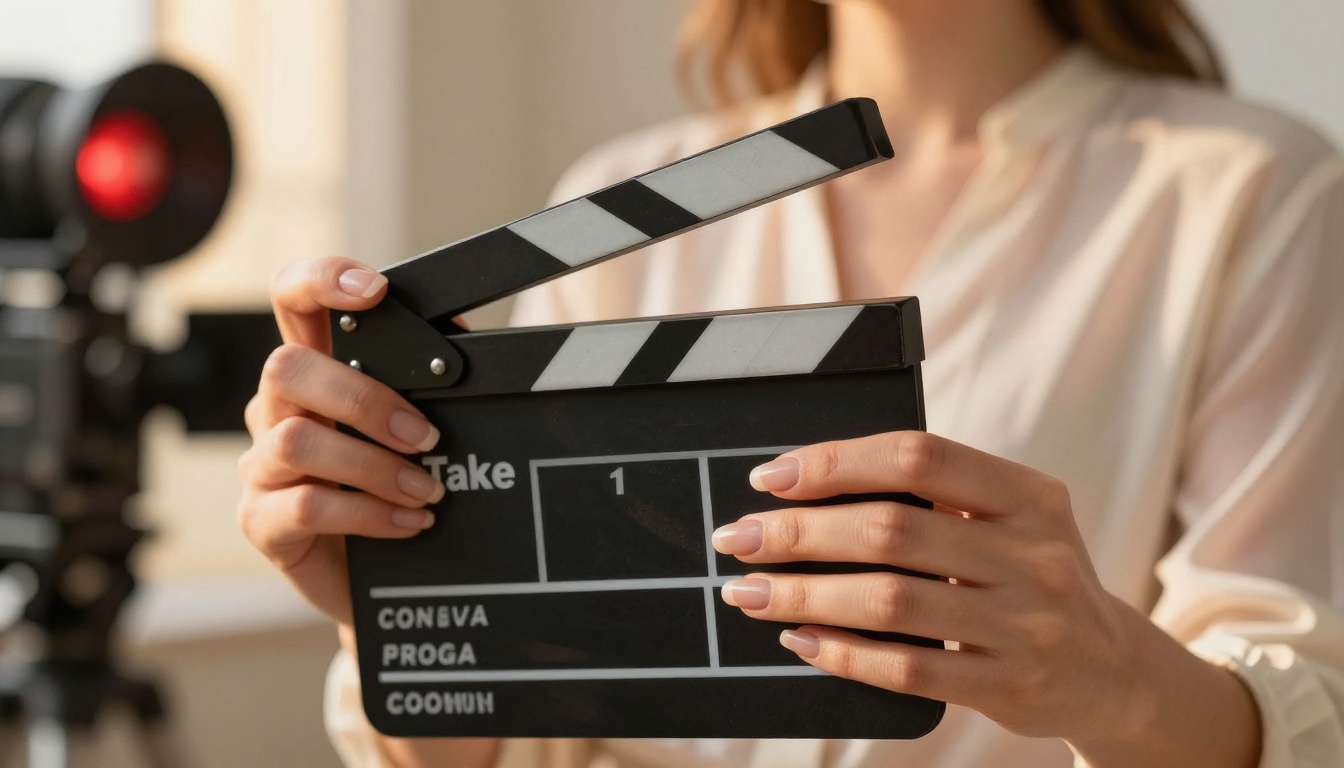 Film production slate close-up with a beautiful woman blurred in the background Film production slate close-up with a beautiful woman blurred in the background
