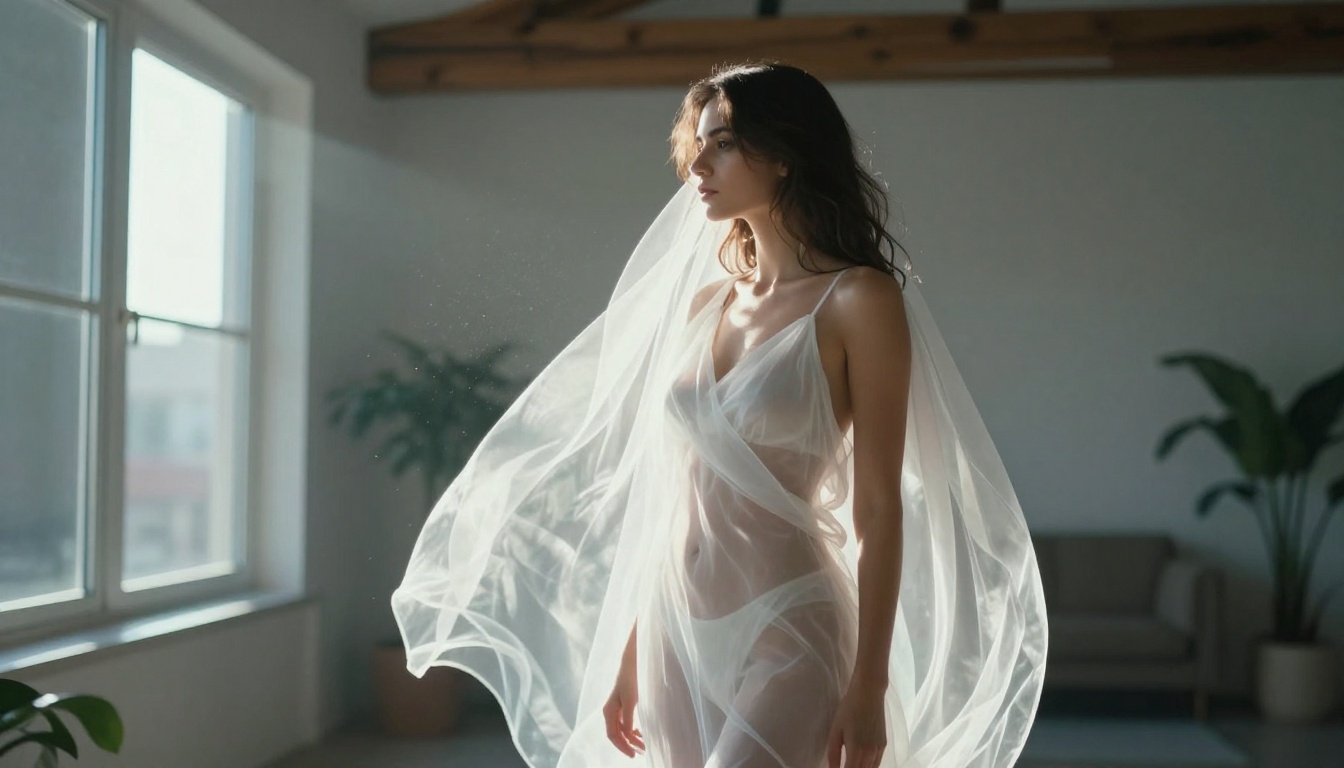 Woman wrapped in flowing sheer organza fabric near a sunlit loft window Woman wrapped in flowing sheer organza fabric near a sunlit loft window