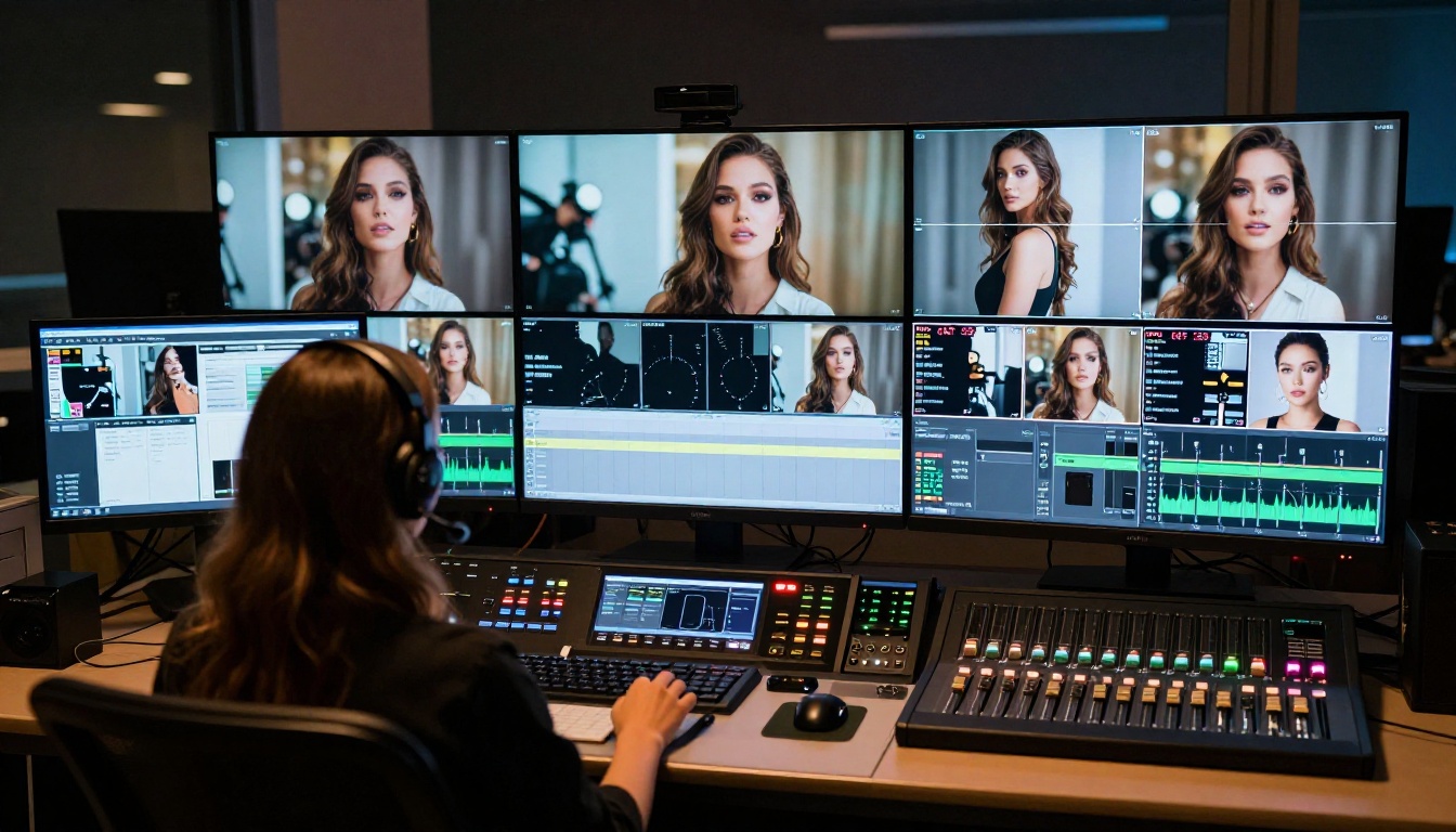 Professional video production control room with monitors showing a live continuous shoot Professional video production control room with monitors showing a live continuous shoot