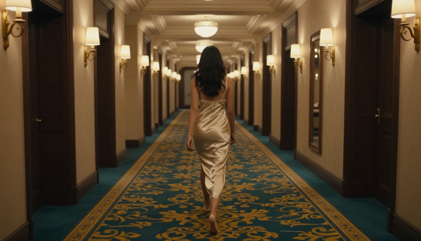 Woman walking away down a dramatic hotel corridor, cinematic one-take perspective Woman walking away down a dramatic hotel corridor, cinematic one-take perspective