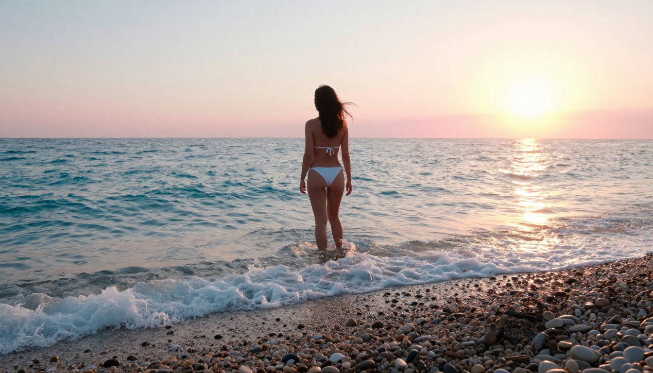 Beautiful woman silhouetted at dawn on a Mediterranean beach in a white bikini Beautiful woman silhouetted at dawn on a Mediterranean beach in a white bikini