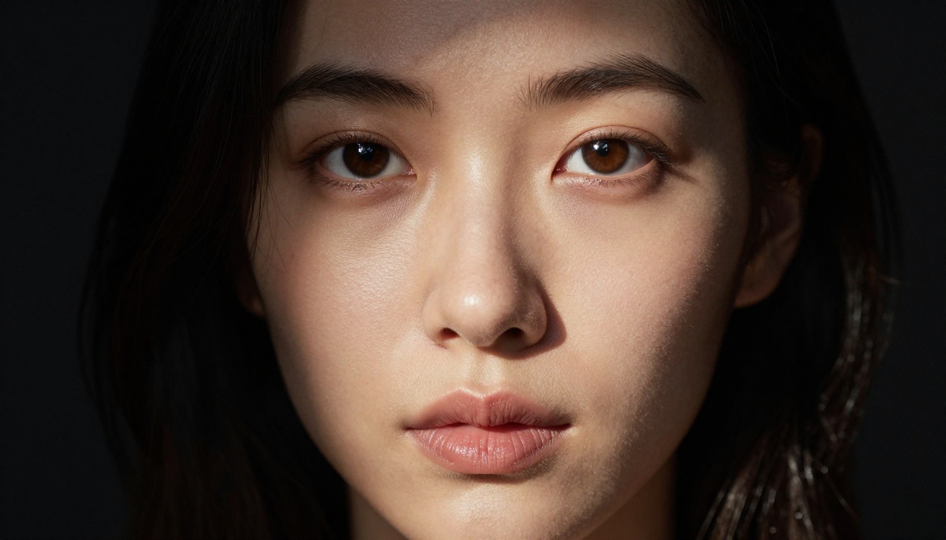 Close-up portrait with dramatic Rembrandt lighting revealing natural skin texture Close-up portrait with dramatic Rembrandt lighting revealing natural skin texture