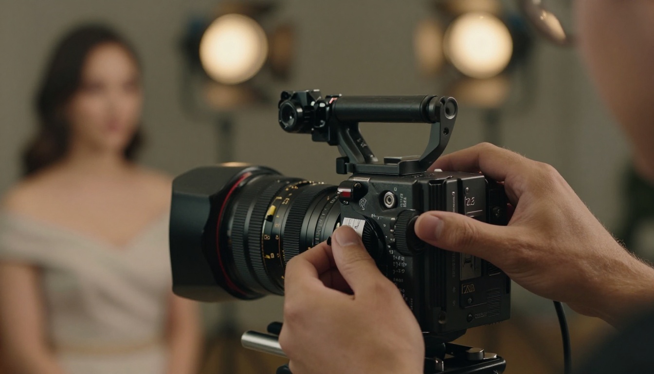 Cinematographer hands on cinema camera with a subject softly blurred in the background Cinematographer hands on cinema camera with a subject softly blurred in the background