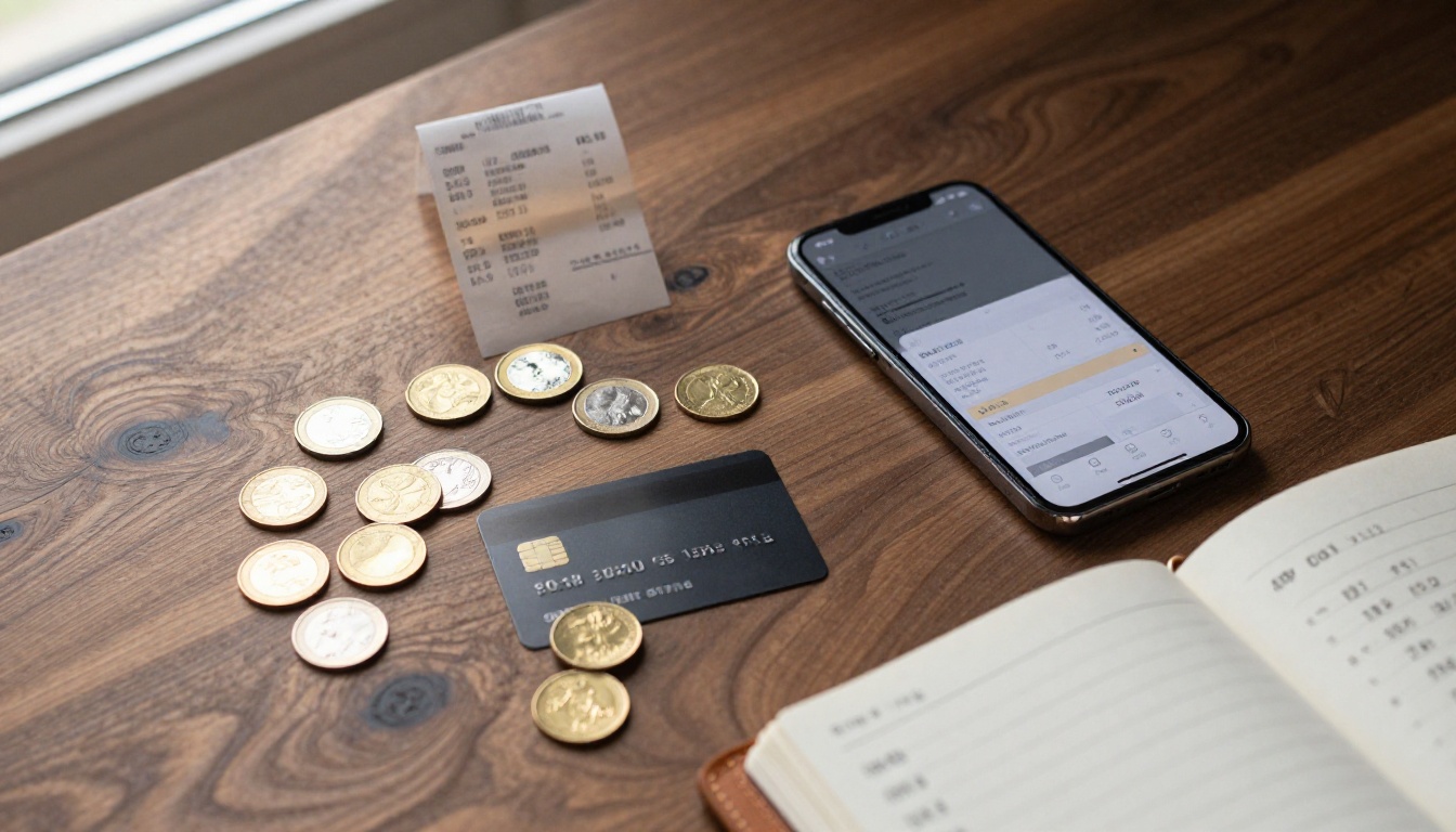 Pricing flat-lay with coins and credit cards on walnut desk