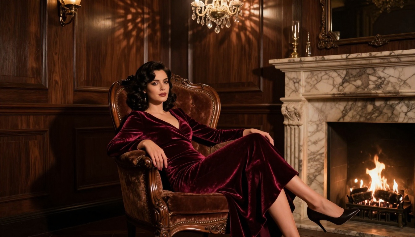Woman in a burgundy velvet evening gown in a dimly lit art deco salon with firelight Woman in a burgundy velvet evening gown in a dimly lit art deco salon with firelight