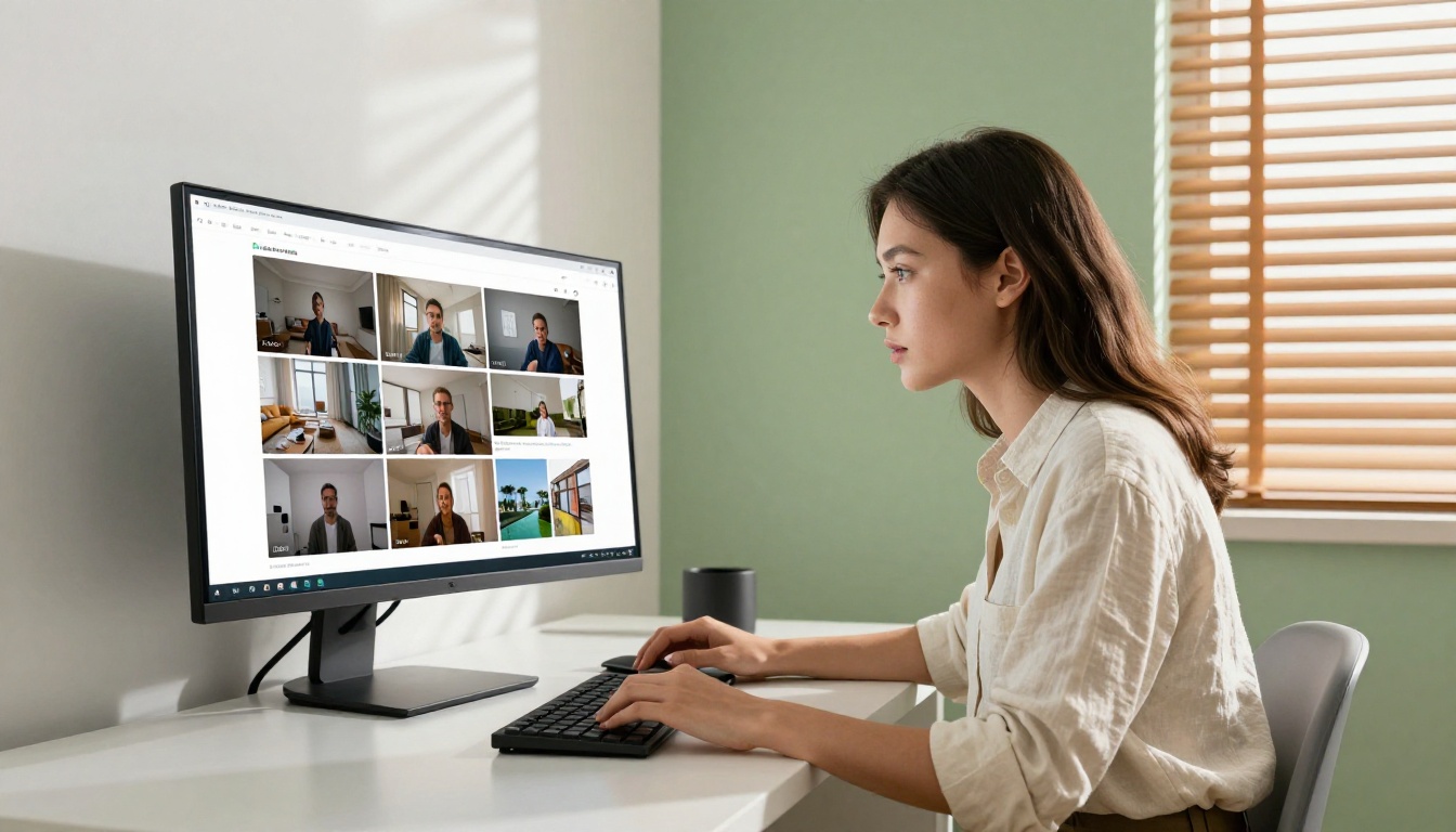 Woman at monitor reviewing AI video generation platform