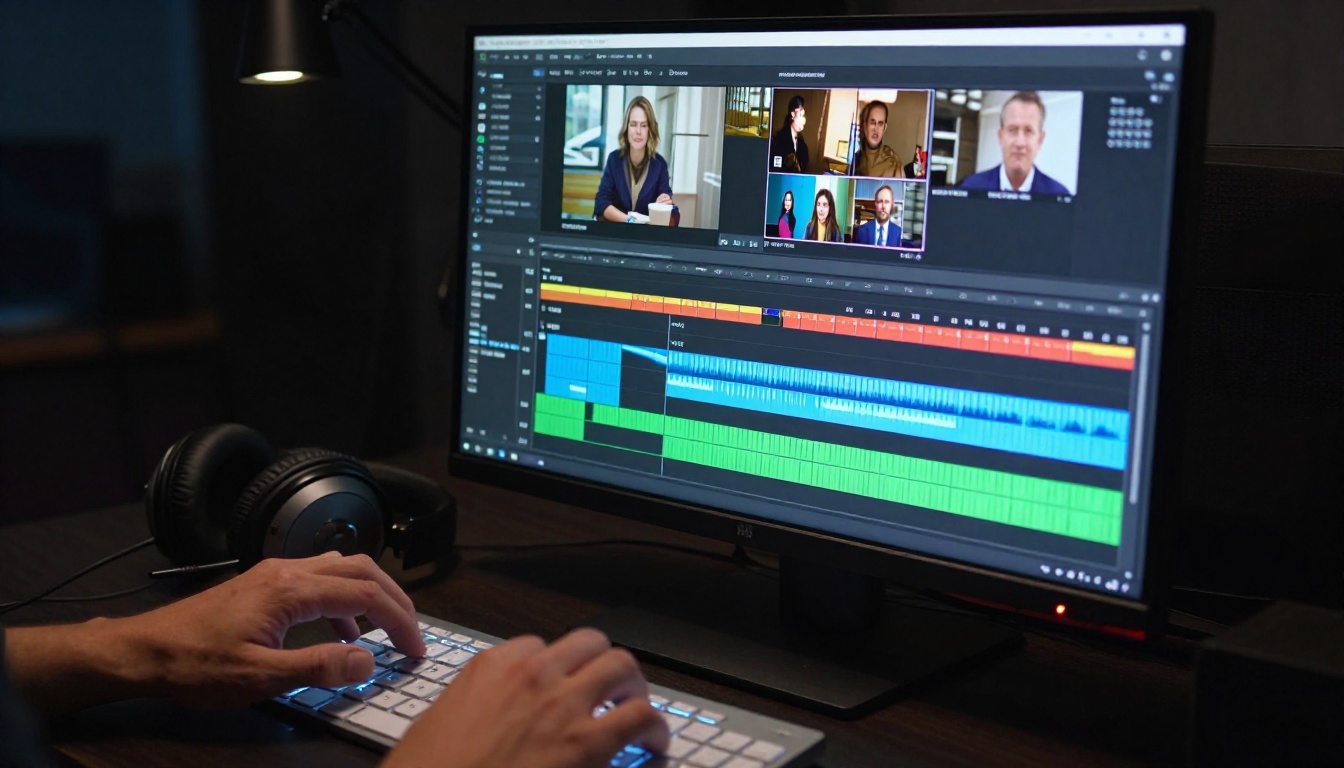 Video editing timeline on monitor in dark editing suite