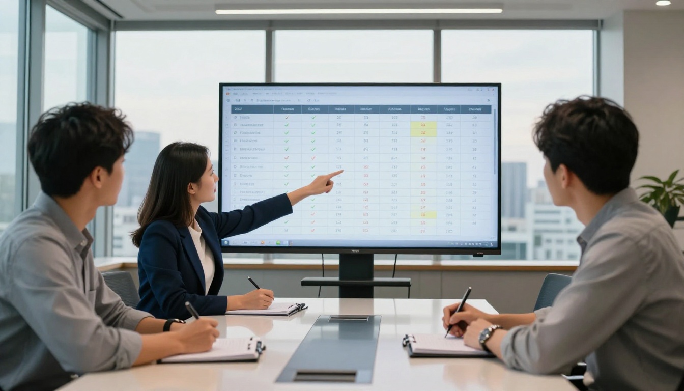 Two people reviewing pricing comparison on conference room display
