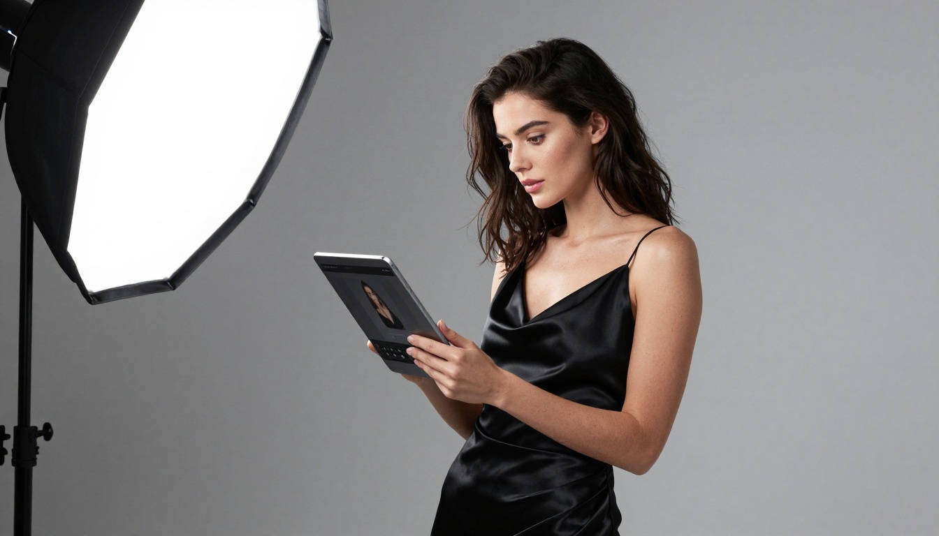 Beautiful woman in black satin dress holding tablet in studio