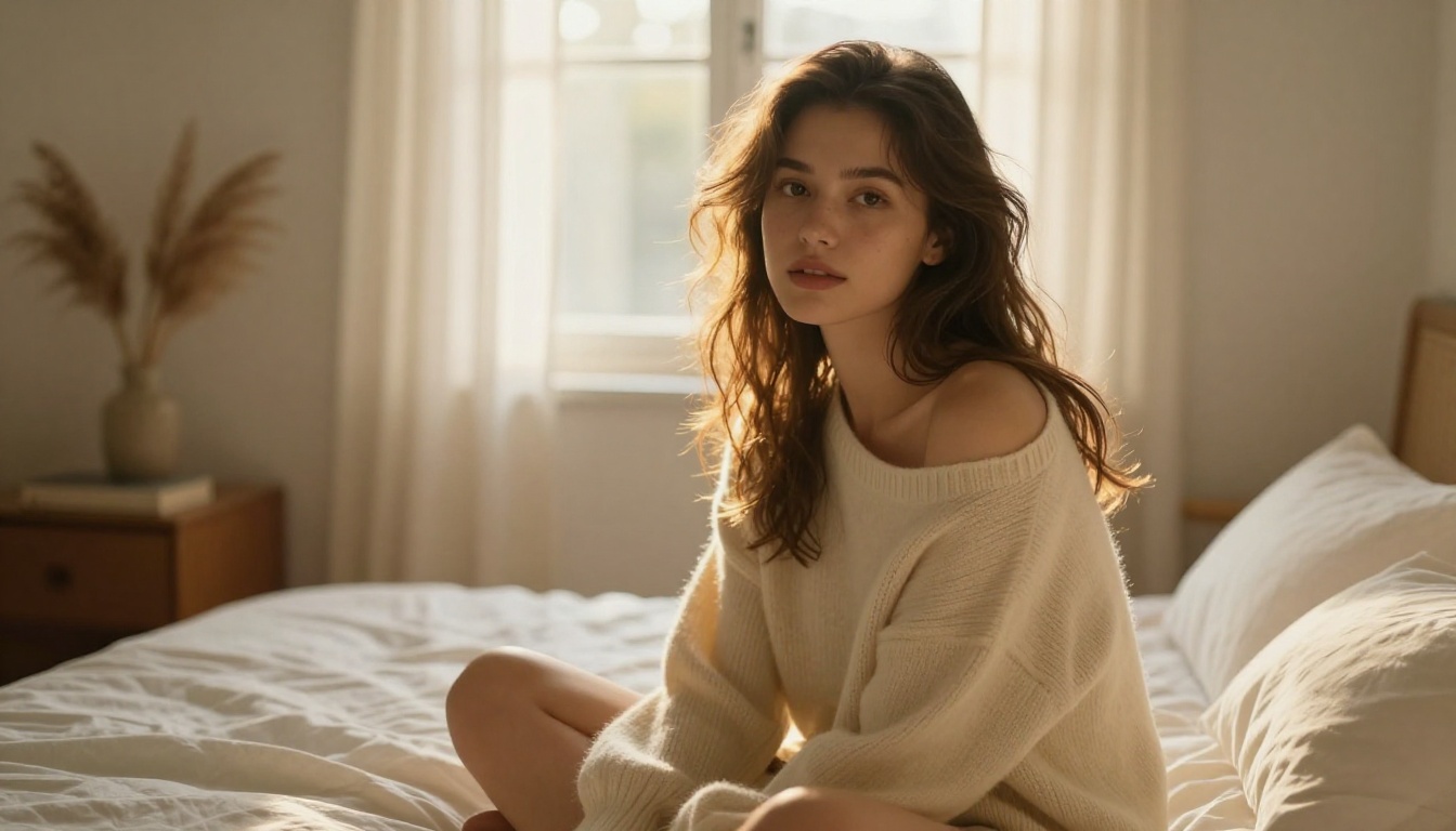 Woman in cream sweater near window in warm bedroom setting