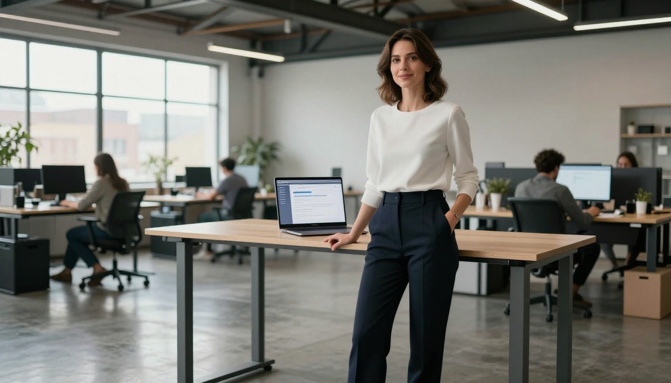 Confident creative professional at standing desk in loft studio