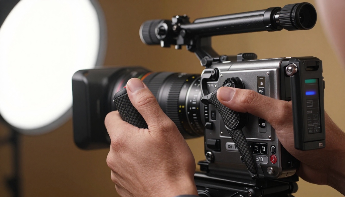 Videographer hands gripping a cinema camera rig in professional studio with warm directional lighting and fine skin texture detail