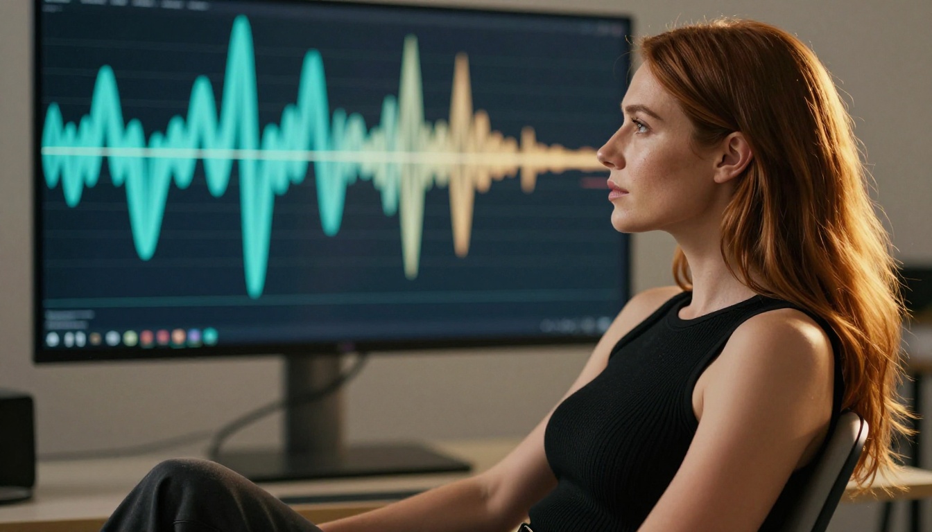 Woman with auburn hair seated in studio chair gazing confidently at a monitor showing colorful waveform visualizations with warm rim lighting