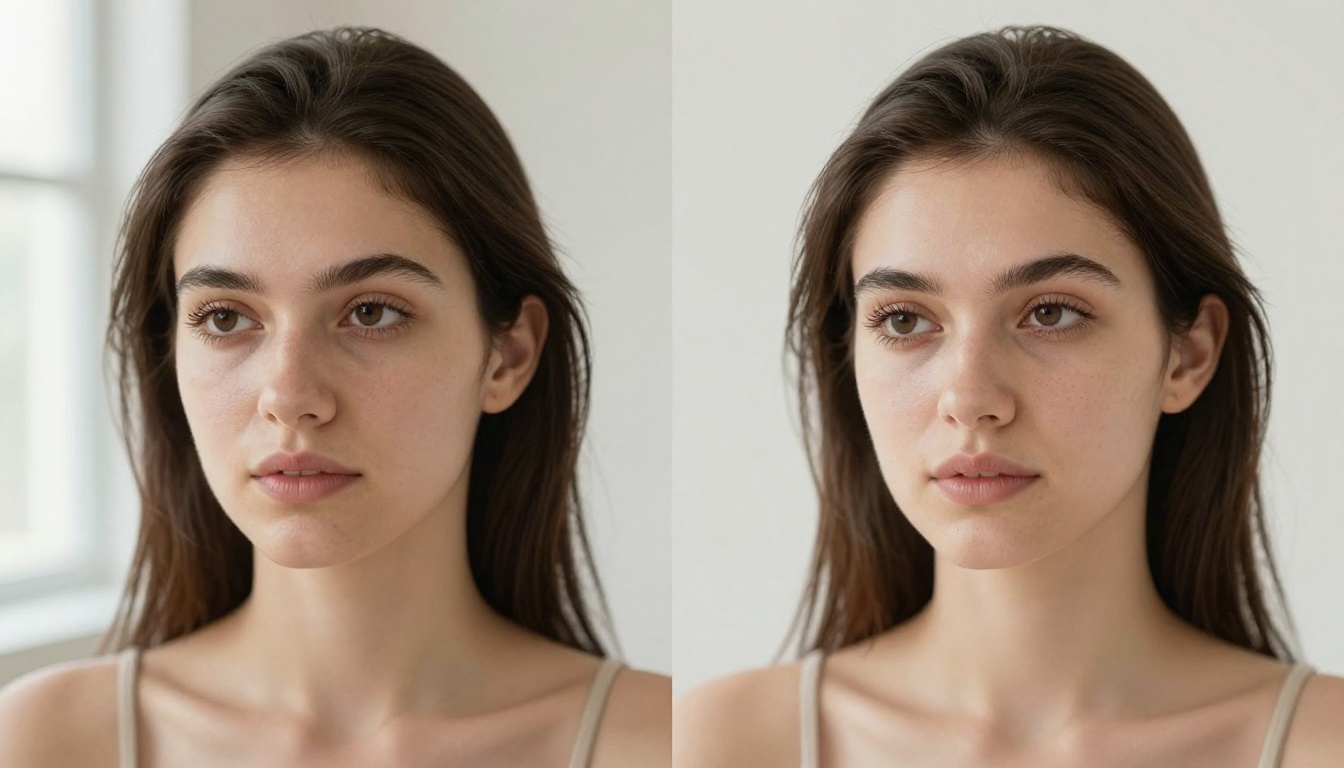 Portrait comparison showing left half slightly soft with blurred detail and right half crisp with individual hair strands and pore-level skin texture visible