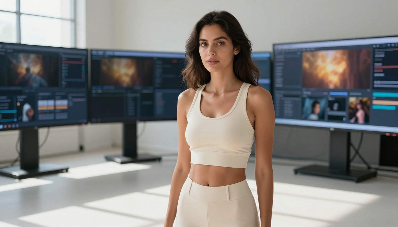 Woman in ivory crop top standing in front of large display monitors in modern media production facility with volumetric skylight illumination