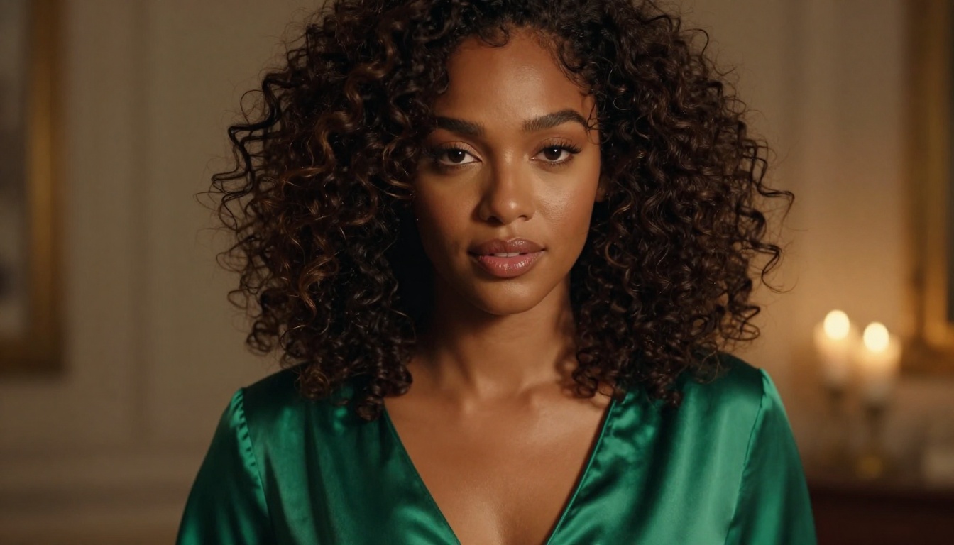 Woman with dark curly hair in rich emerald green silk dress photographed in elegant candlelit interior with warm directional lighting