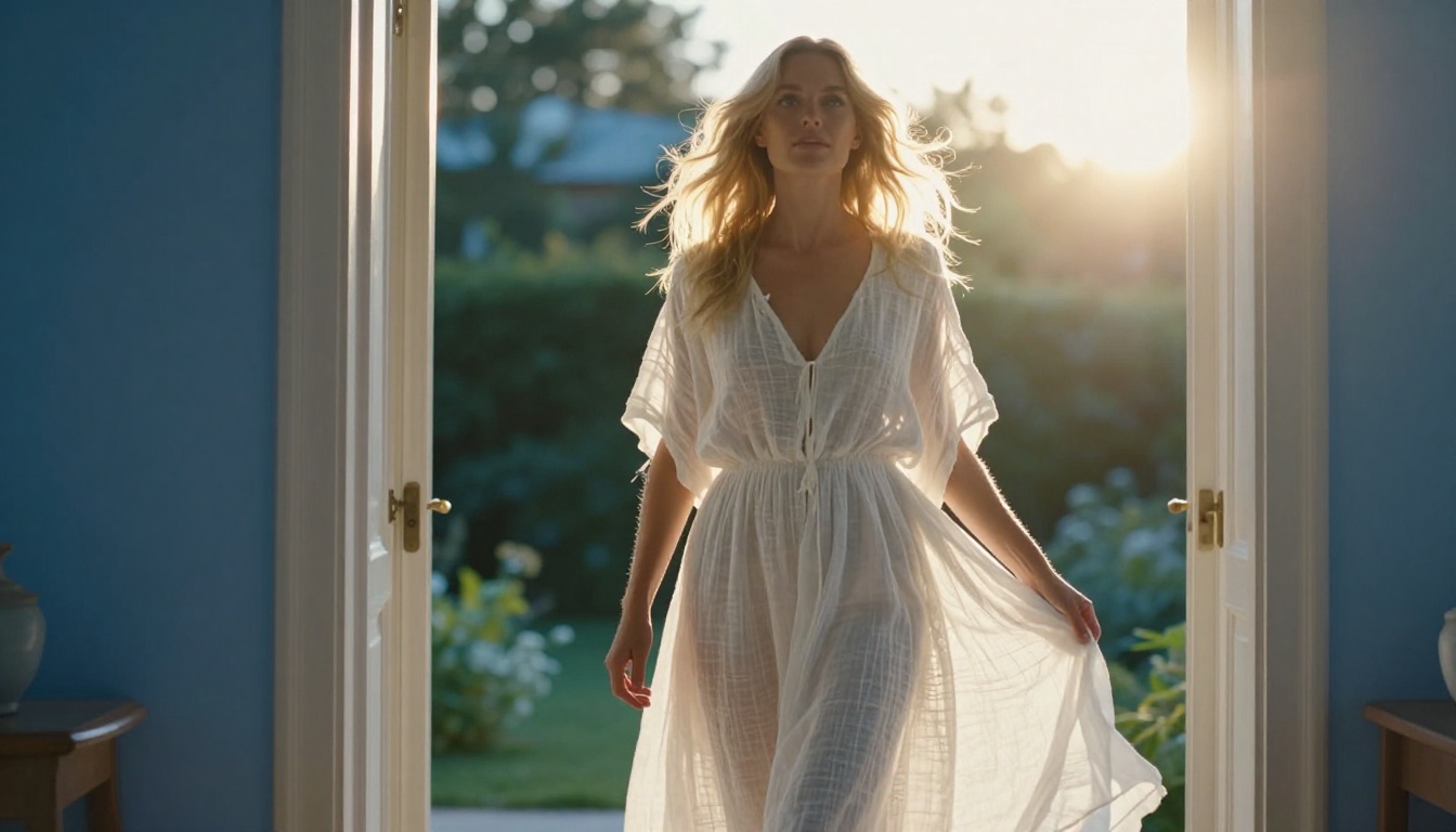 Blonde woman in white linen dress standing in sunlit doorway with translucent fabric in golden backlight and individual hair strands defined