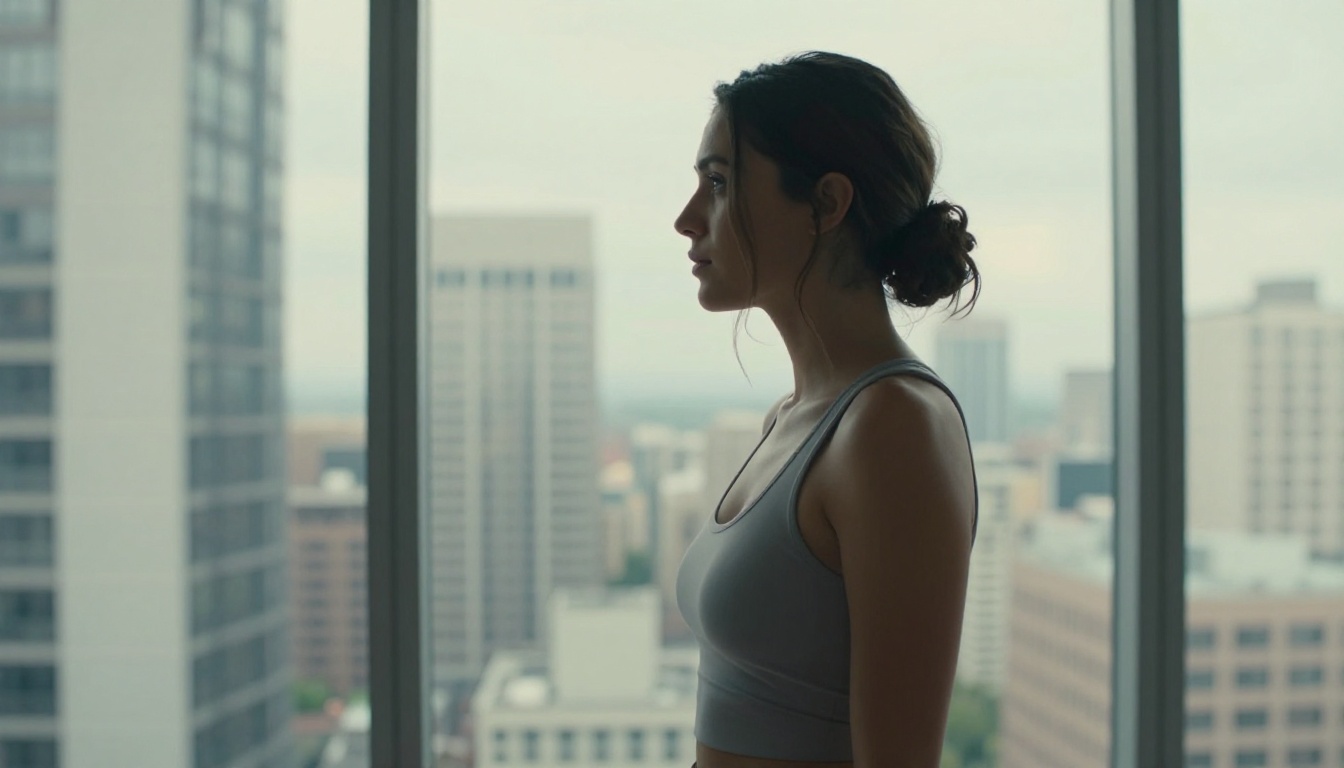 Woman standing at window with urban cityscape, natural relaxed posture Woman standing at window with urban cityscape, natural relaxed posture