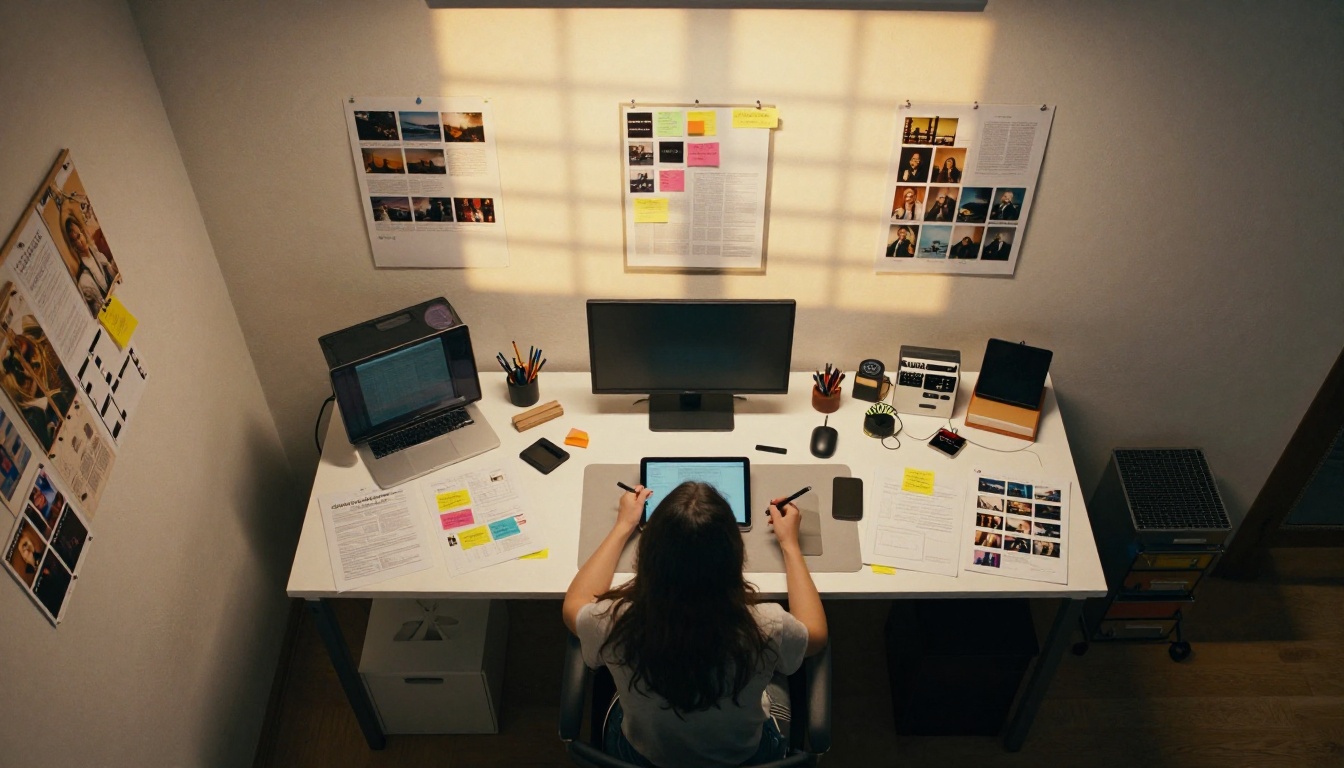Aerial view of creative studio workspace with mood boards and film stills Aerial view of creative studio workspace with mood boards and film stills
