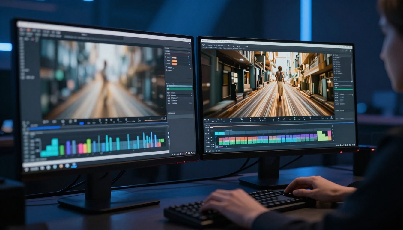 Two monitors side by side comparing low vs high resolution video quality Two monitors side by side comparing low vs high resolution video quality