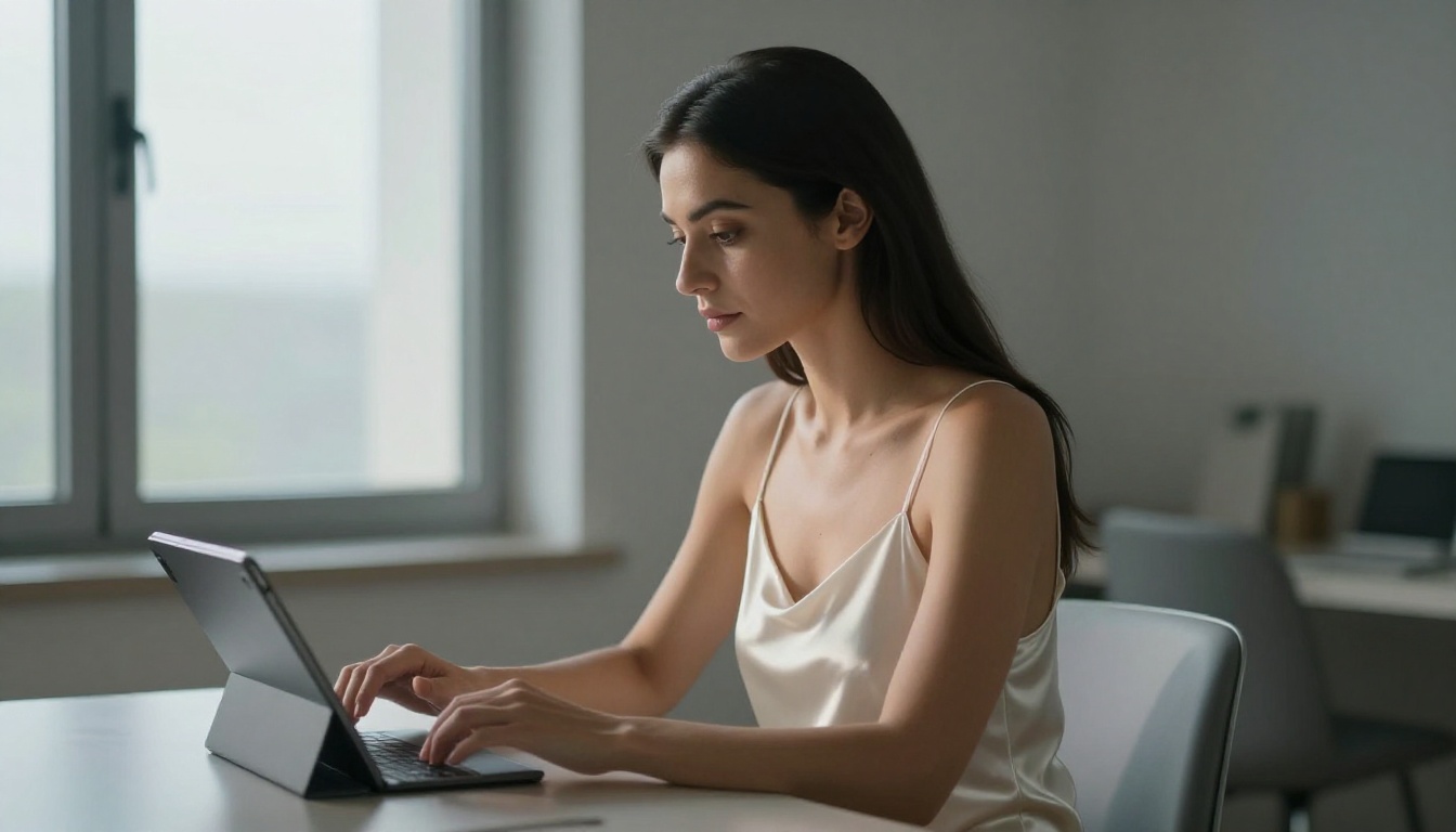 Woman with dark straight hair in ivory silk camisole seated in profile at minimalist desk working on tablet with soft morning window light