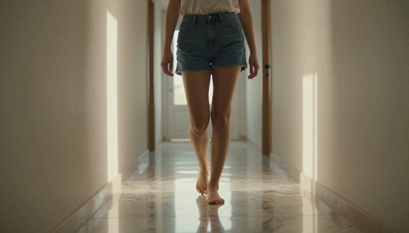 Low-angle corridor shot of woman walking through sunlit modern home Low-angle corridor shot of woman walking through sunlit modern home