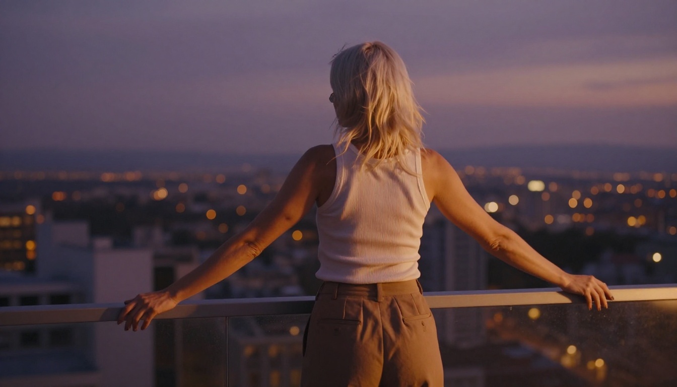 Woman with platinum hair standing on rooftop terrace at dusk with arms spread in confident pose overlooking city skyline with warm bokeh lights below