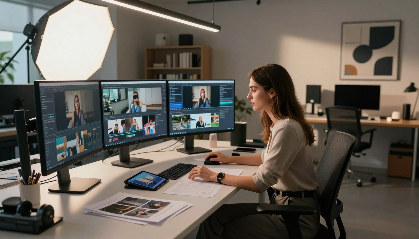 Woman reviewing AI platform on curved monitor in professional studio Woman reviewing AI platform on curved monitor in professional studio