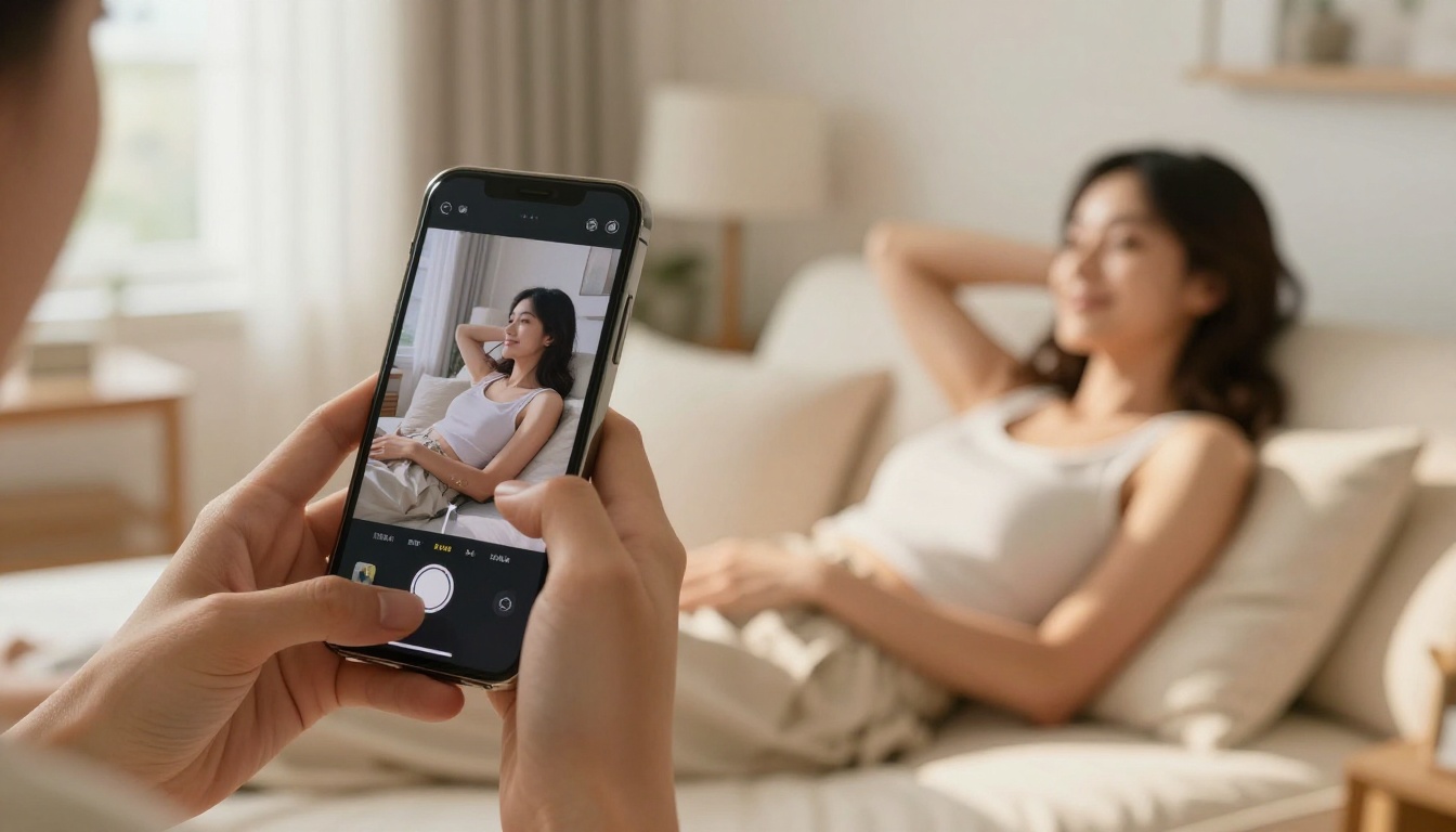 Woman reclining on daybed with smartphone showing video player interface Woman reclining on daybed with smartphone showing video player interface