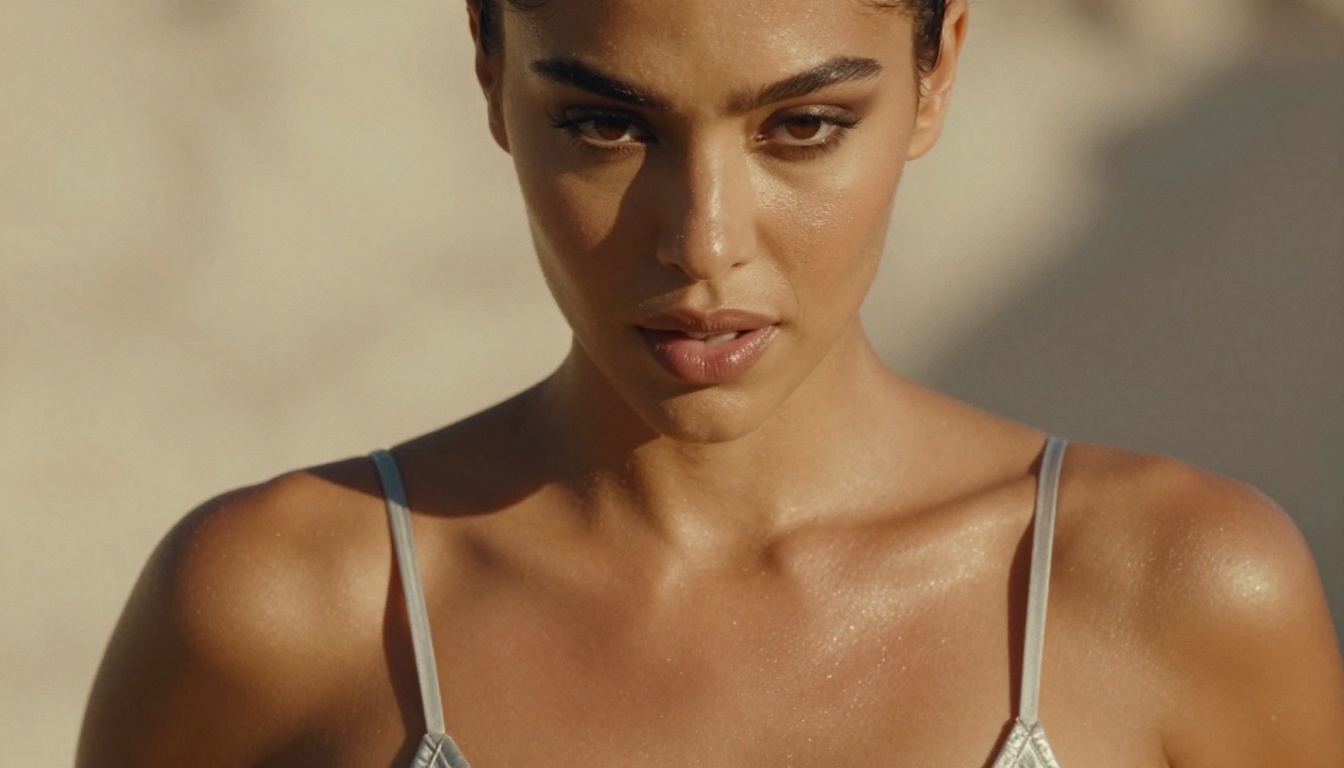 Close-up beauty shot of a music video performer with a minimalist silver chain bikini top Close-up beauty shot of a music video performer with a minimalist silver chain bikini top