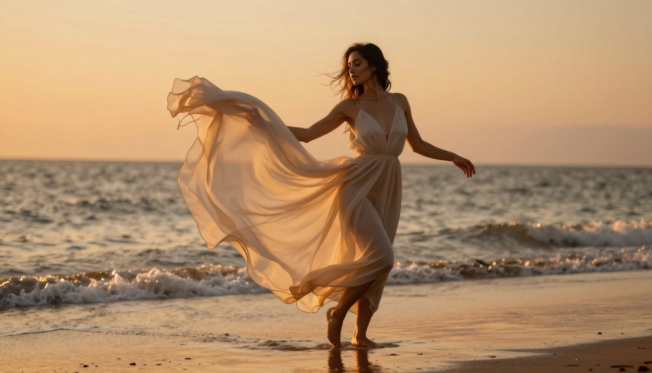 A female dancer in a flowing ivory chiffon dress on a beach shoreline at golden hour A female dancer in a flowing ivory chiffon dress on a beach shoreline at golden hour