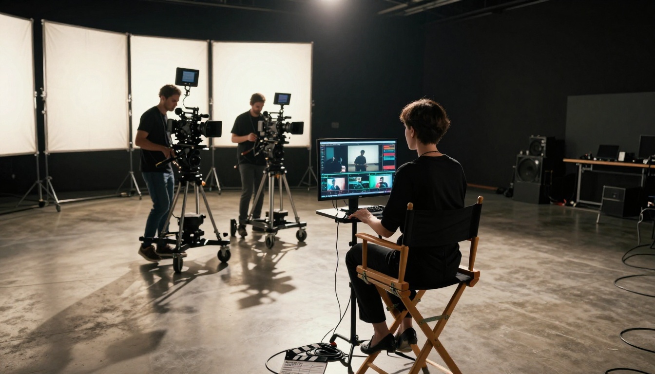 A professional music video production studio with a director reviewing AI-generated footage on monitors A professional music video production studio with a director reviewing AI-generated footage on monitors