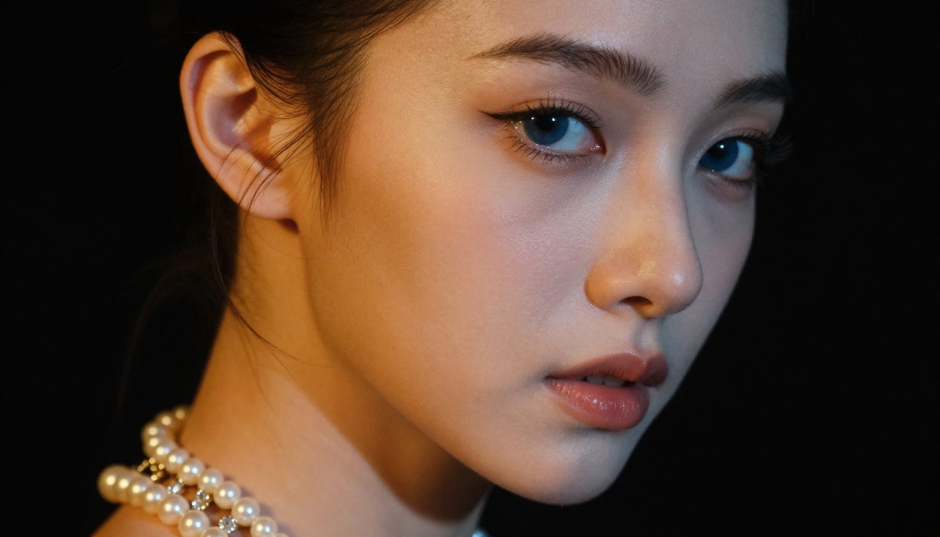 An intimate close-up portrait of a performer wearing a pearl and crystal body chain with dramatic split lighting An intimate close-up portrait of a performer wearing a pearl and crystal body chain with dramatic split lighting