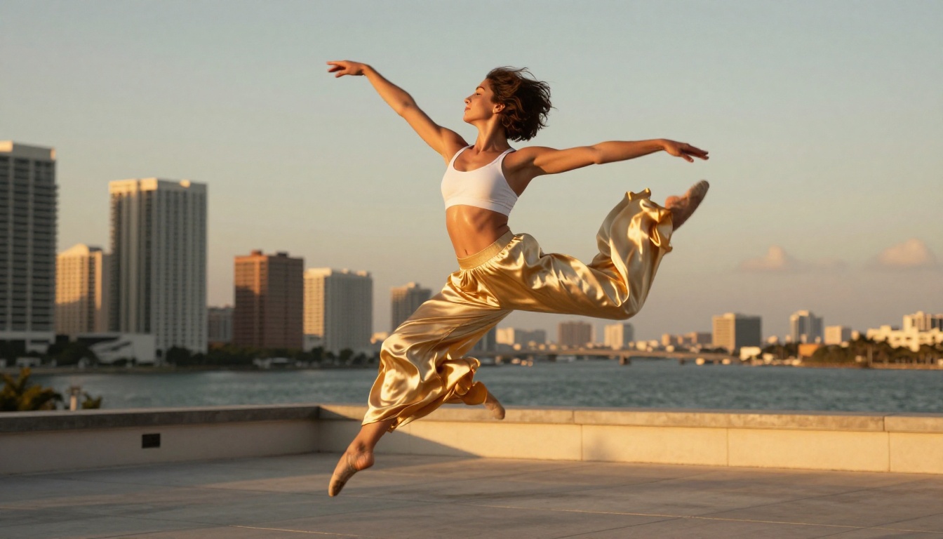 A professional dancer caught mid-leap above a Miami rooftop terrace at golden hour A professional dancer caught mid-leap above a Miami rooftop terrace at golden hour