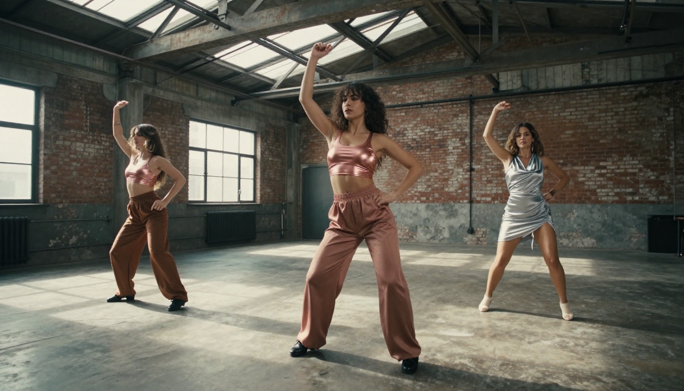 Two female dancers rehearsing coordinated choreography in an industrial warehouse studio with skylights Two female dancers rehearsing coordinated choreography in an industrial warehouse studio with skylights