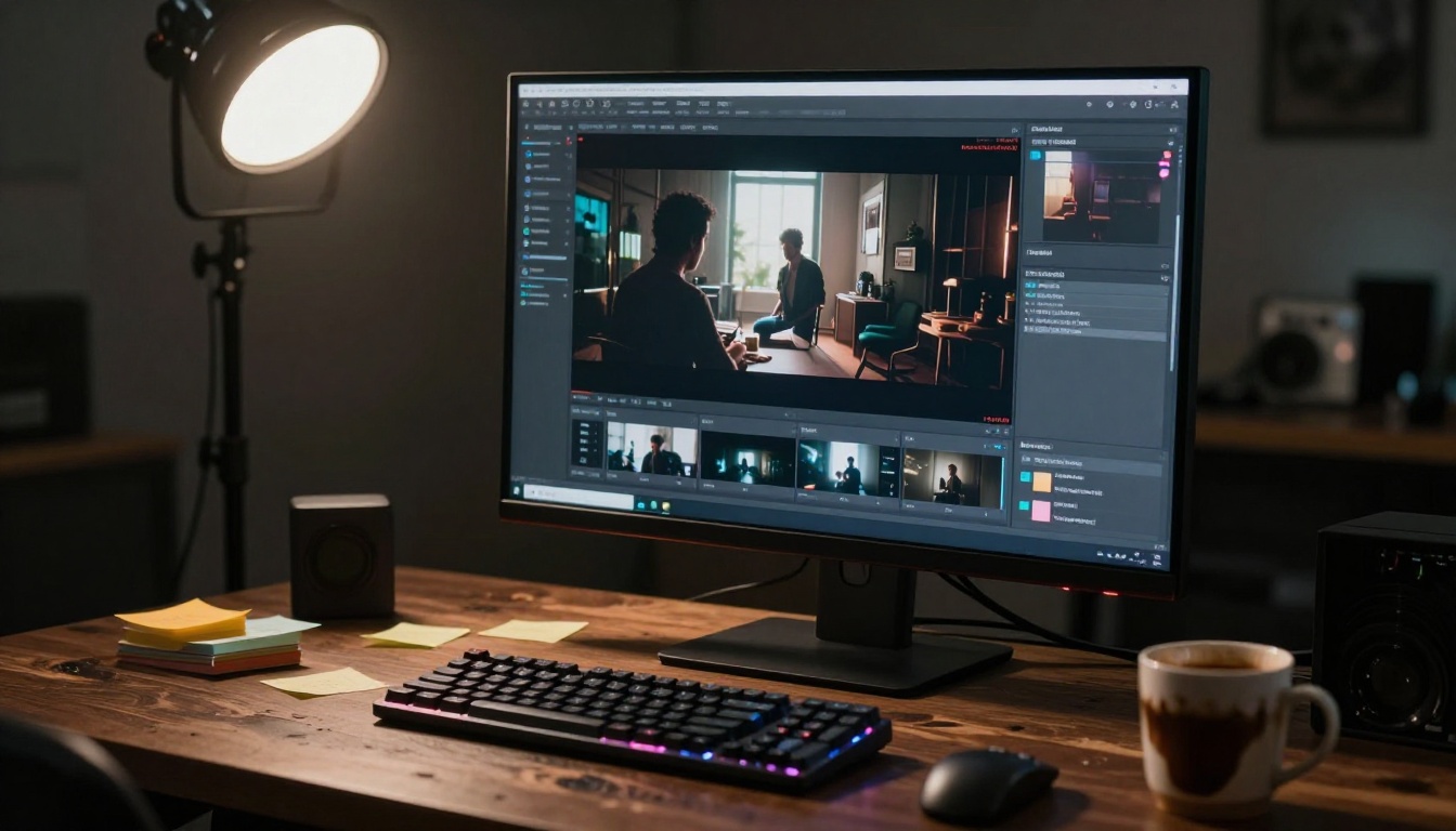 AI video workspace setup showing professional monitoring tools and production environment