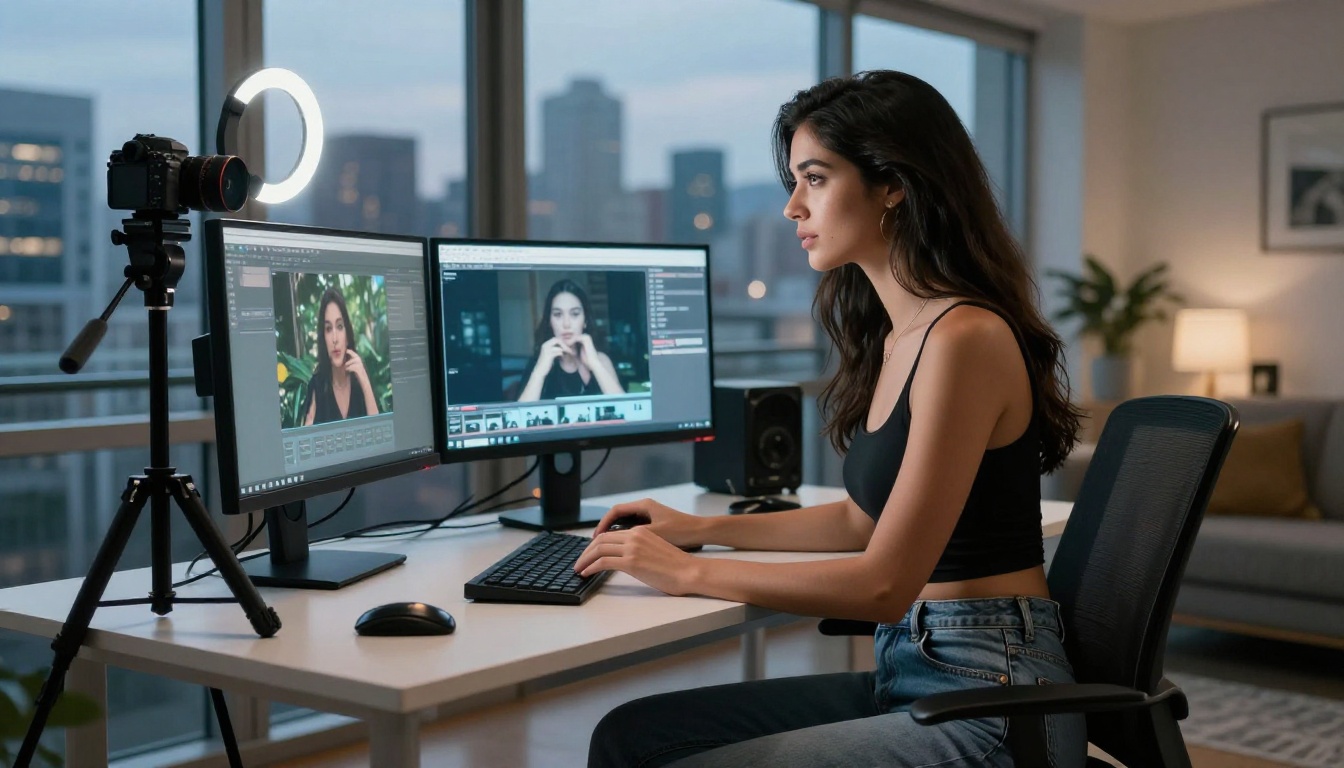 Content creator reviewing AI-generated video output on professional dual-monitor setup in modern apartment