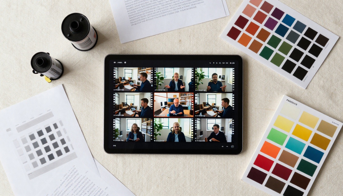 Creative workspace flat lay showing AI video production workflow tools and digital references