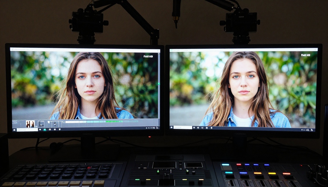 Resolution comparison showing native Full HD versus AI-upscaled video quality on professional reference monitors