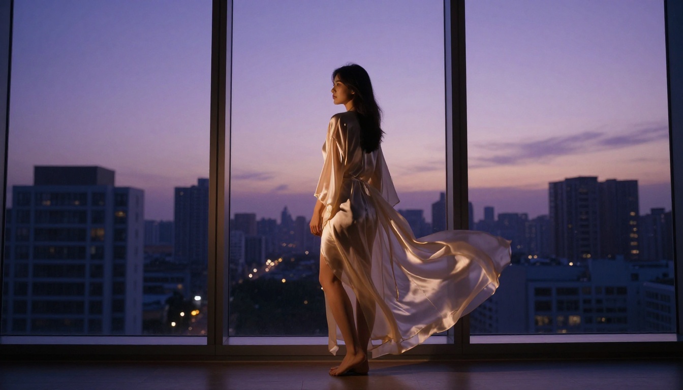 Woman in silk robe silhouetted against city skyline at dusk Woman in silk robe silhouetted against city skyline at dusk