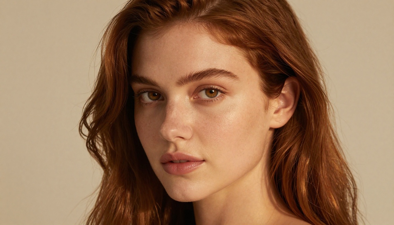 Close-up portrait of beautiful woman with hazel eyes and chestnut wavy hair in natural editorial beauty photography
