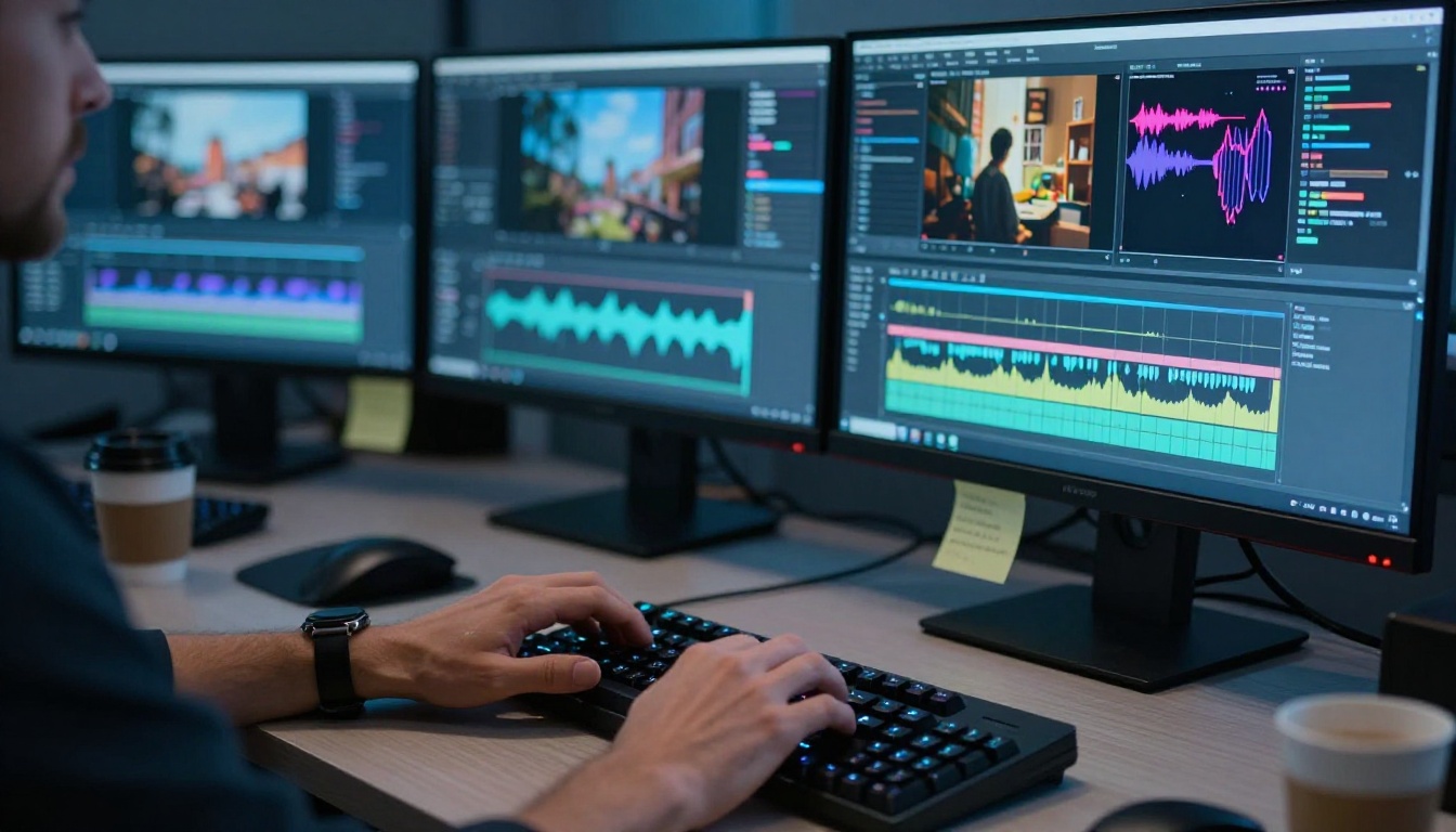 AI video editing workspace with professional monitors showing video timelines and waveforms AI video editing workspace with professional monitors showing video timelines and waveforms
