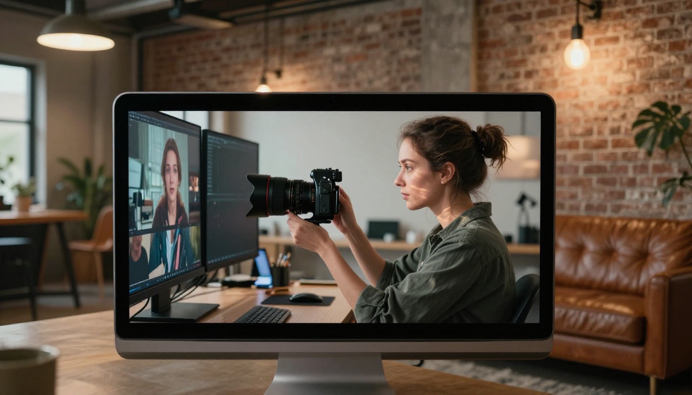 Content creator reviewing AI-generated video stills on a tablet in an industrial loft studio Content creator reviewing AI-generated video stills on a tablet in an industrial loft studio