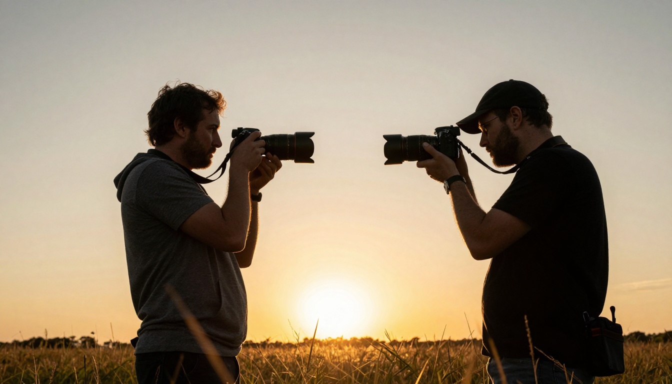 Two photographers standing in a golden hour field comparing shots on their cameras Two photographers standing in a golden hour field comparing shots on their cameras