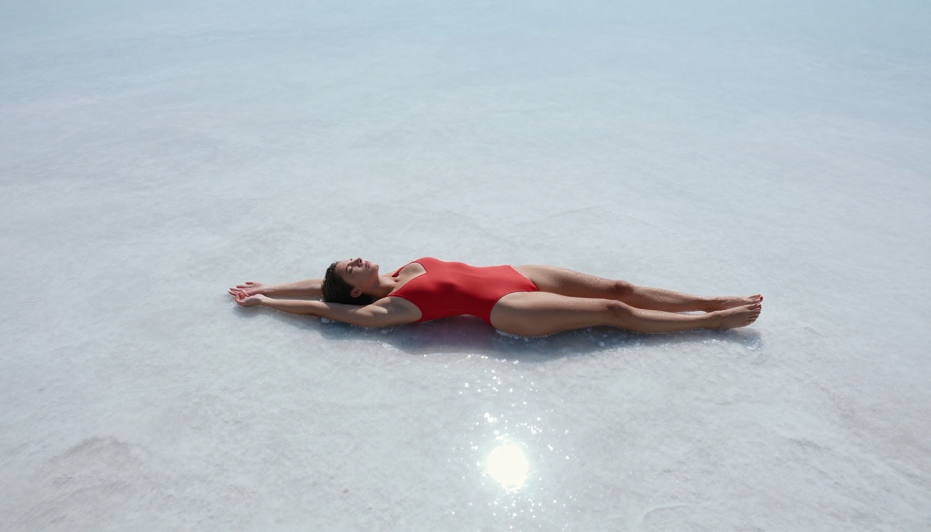 Fashion swimwear model in coral-red one-piece on white salt flats, aerial drone perspective with perfect sky reflection below