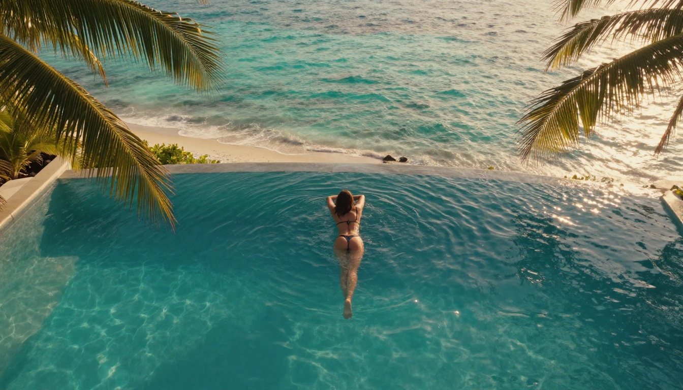 Woman in bikini at a luxury tropical infinity pool, aerial view with ocean horizon and golden light Woman in bikini at a luxury tropical infinity pool, aerial view with ocean horizon and golden light