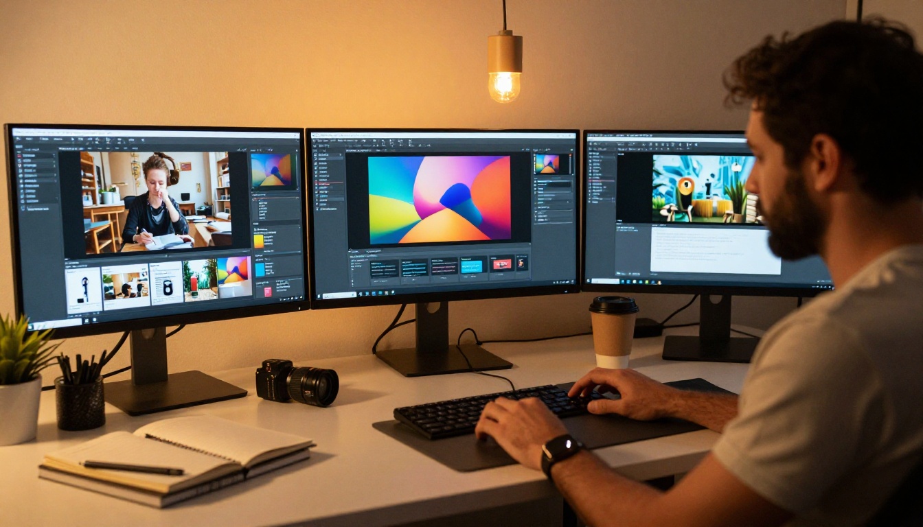 Tech professional in creative studio environment surrounded by three monitors showing AI-generated video frames Tech professional in creative studio environment surrounded by three monitors showing AI-generated video frames