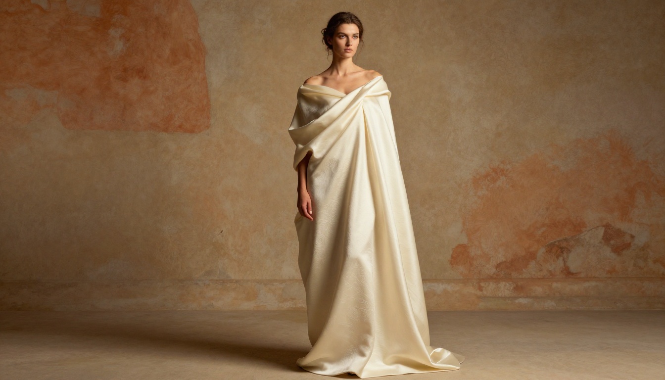 Artistic fashion model draped in cream silk fabric against Venetian stucco wall, golden hour window light creating luminous fabric halo effect